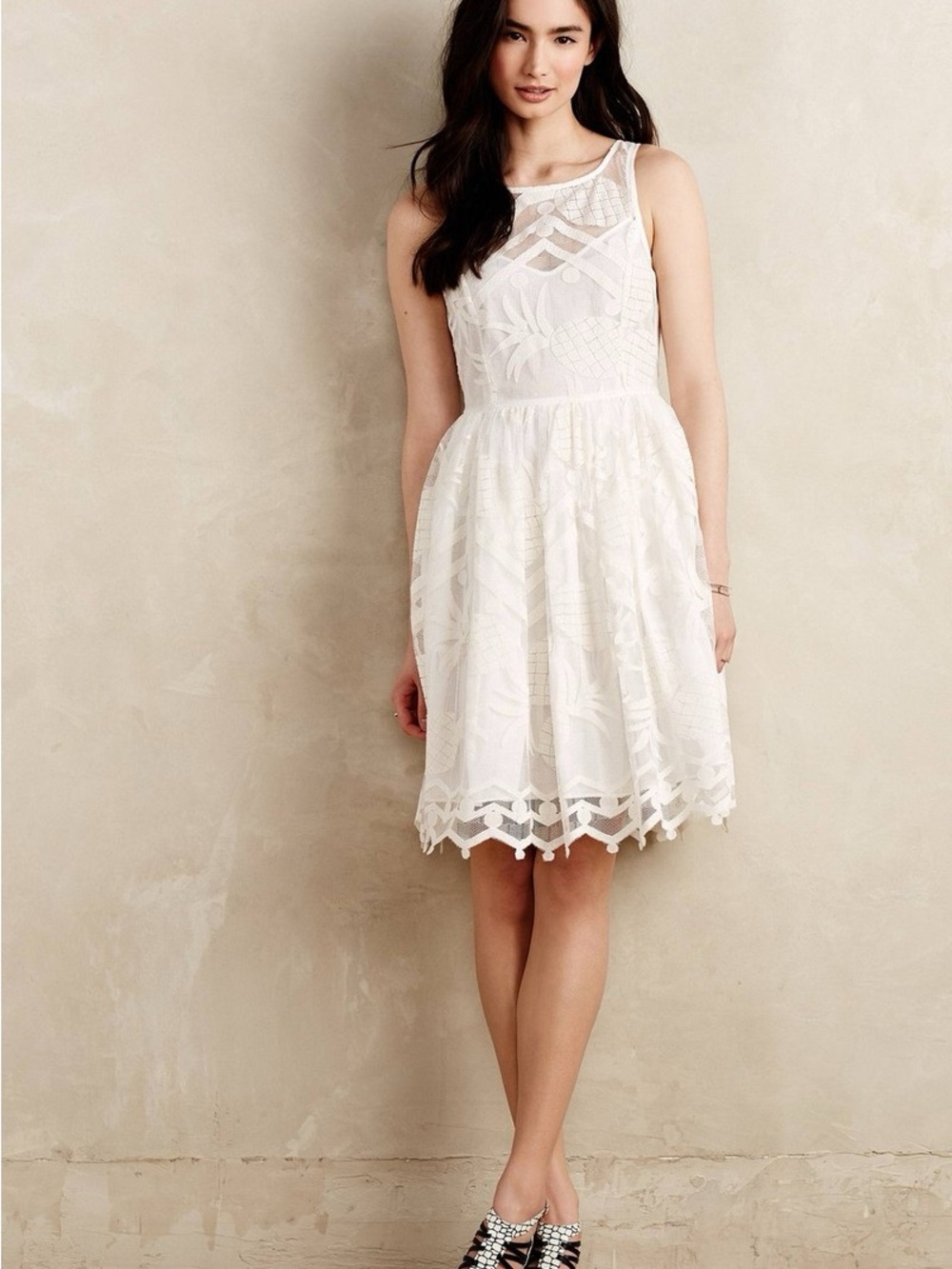 Maeve White Piña Pineapple Lace Midi Dress 6 lined sleeveless Anthropologie